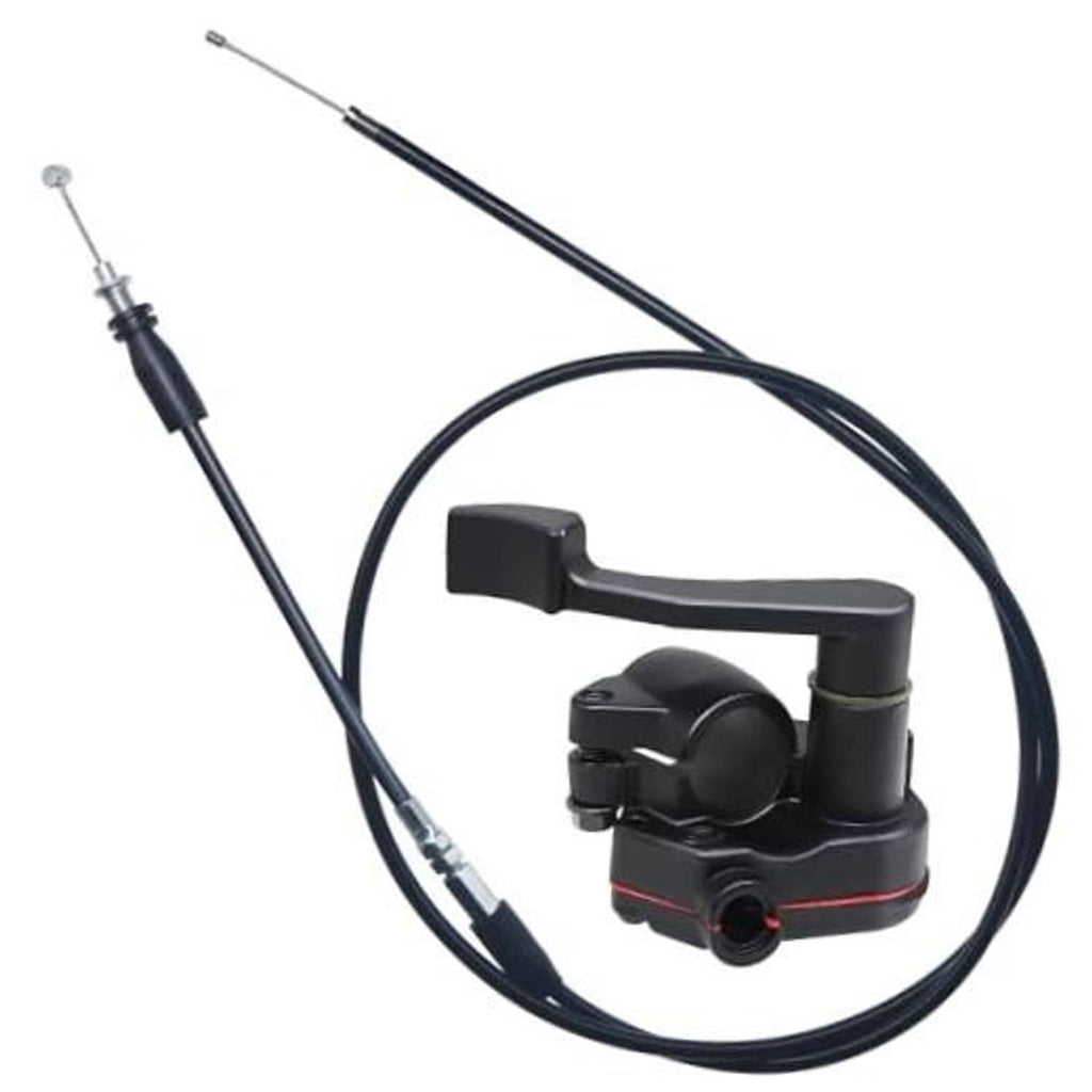 Black thumb throttle handle assembly with cable, brake lever style body and mounting screw
