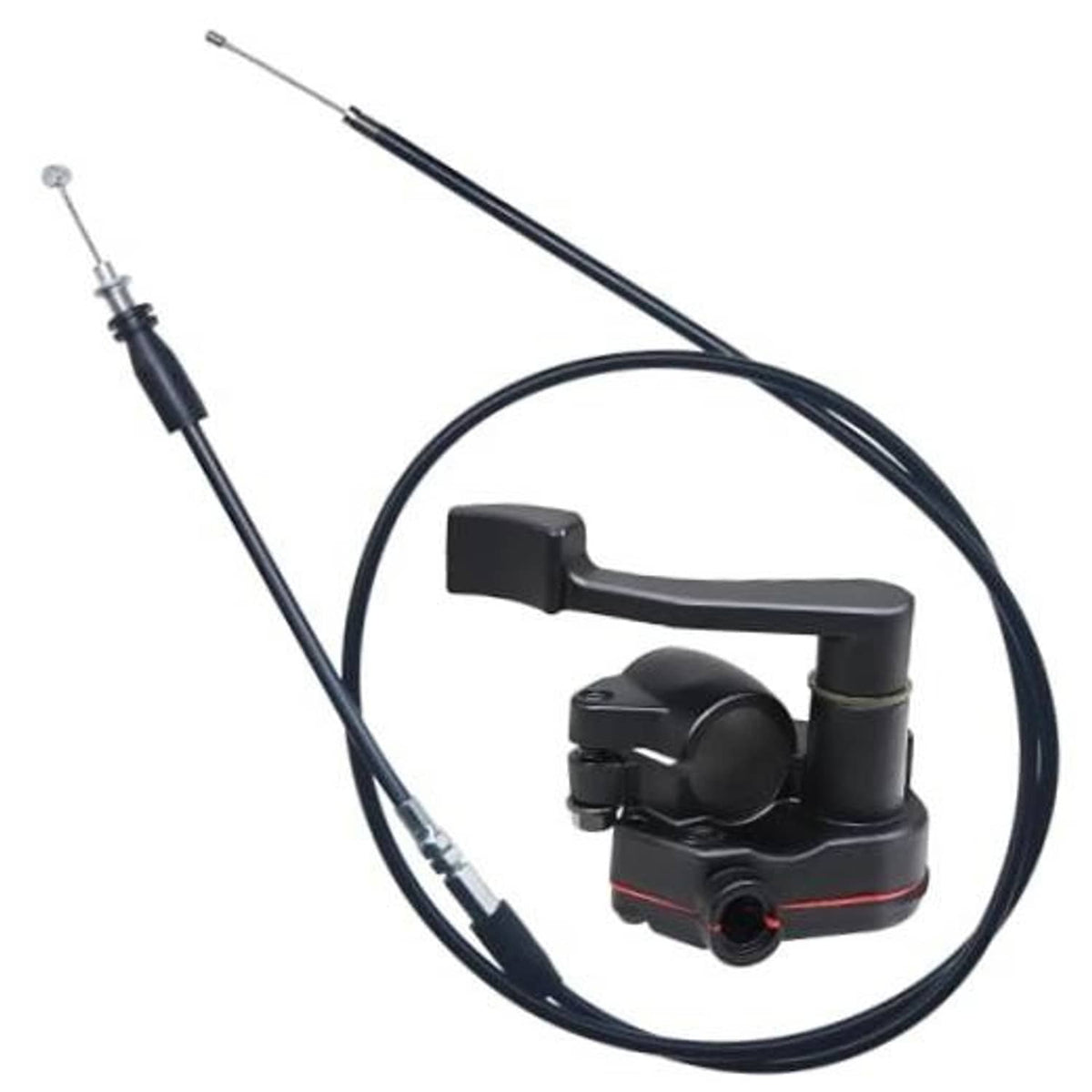 Black thumb throttle handle assembly with cable, brake lever style body and mounting screw