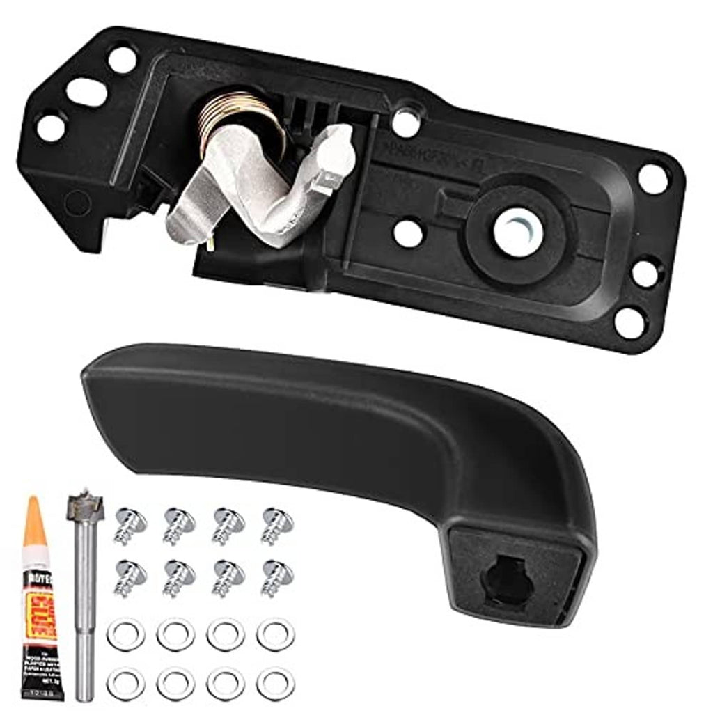 Black interior door handle kit with latch assembly, screws, washers, and glue