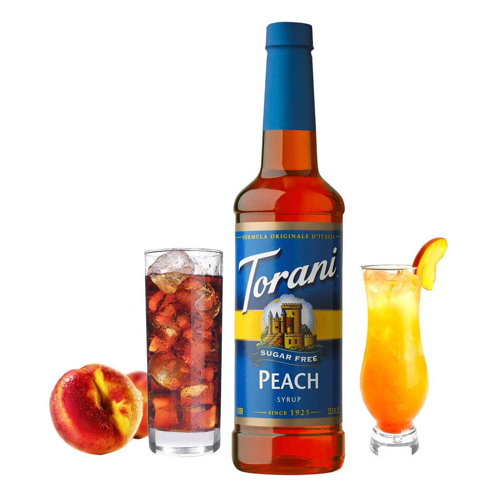Single sugar-free peach syrup bottle with blue cap and amber glass body