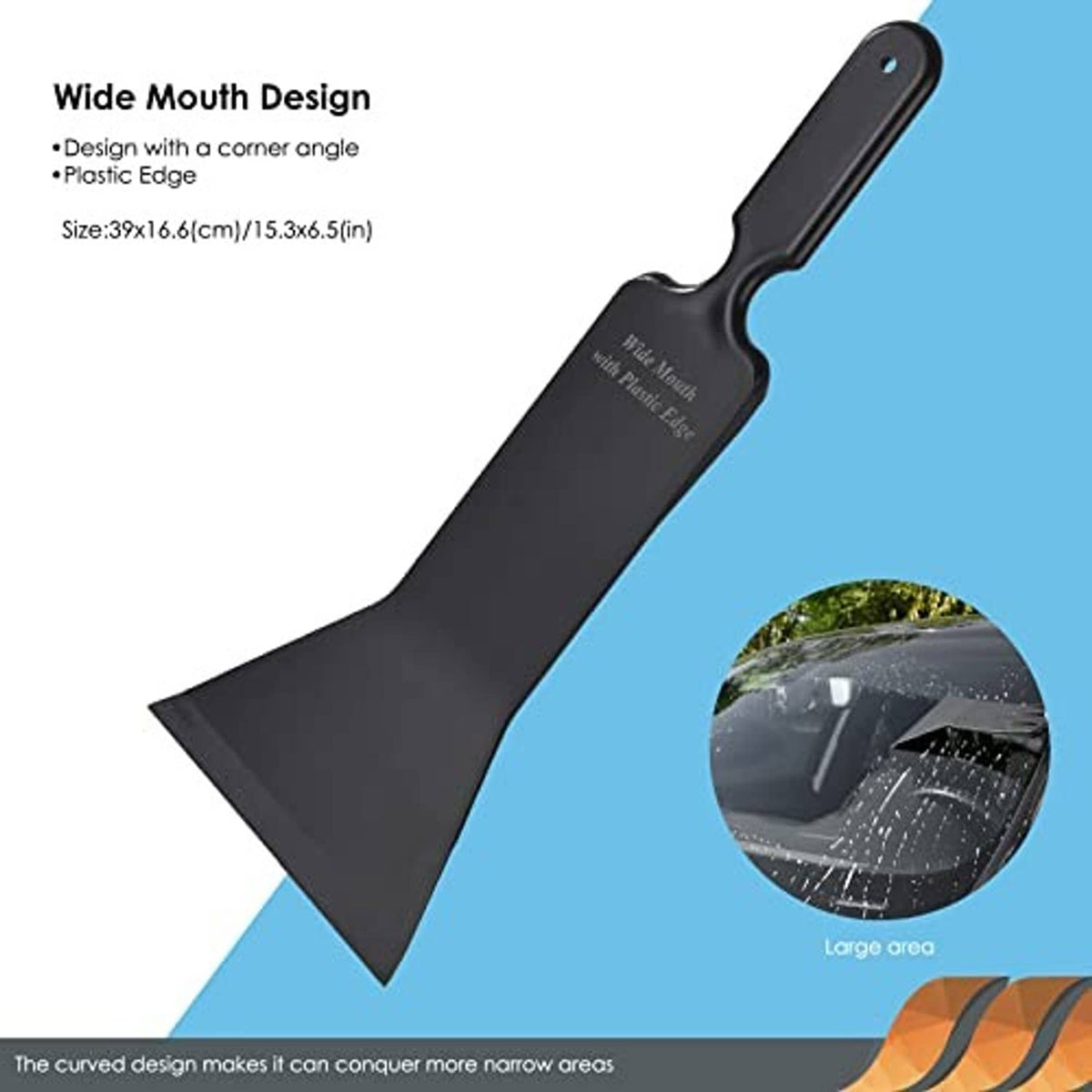 Window tint squeegee with wide mouth design, long black handle and flat rubber blade