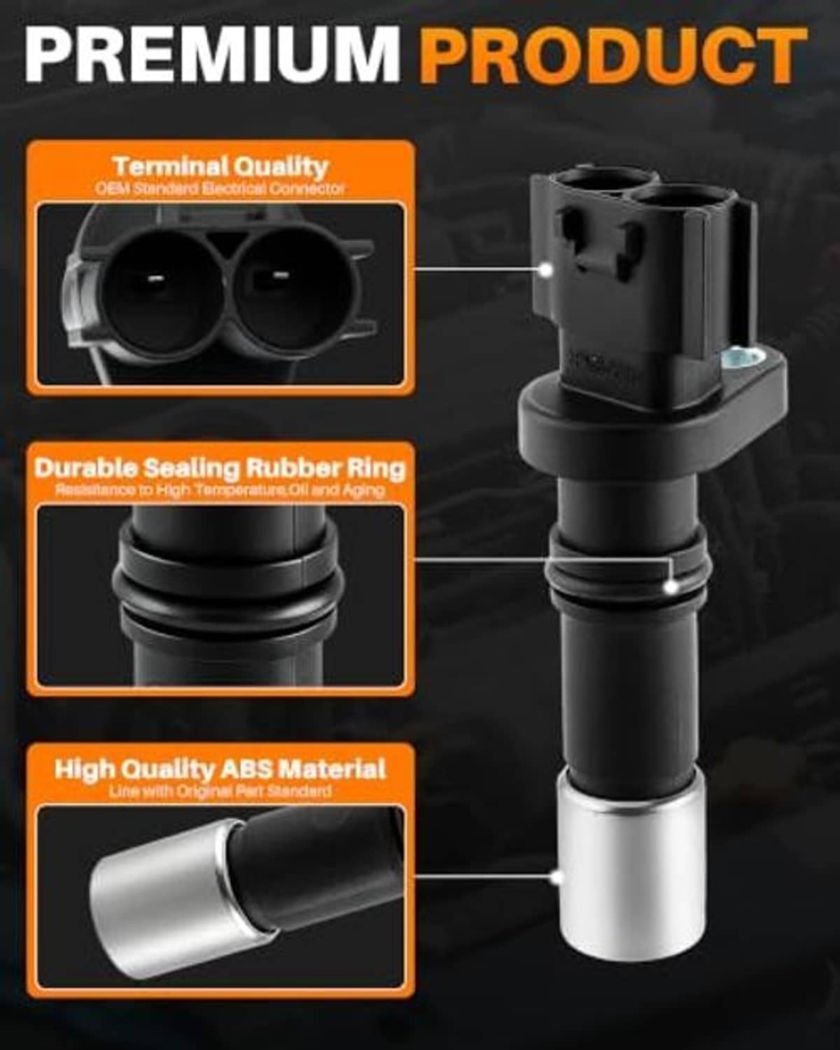 Camshaft/crankshaft position sensor with black body and silver metal tip with quality callouts