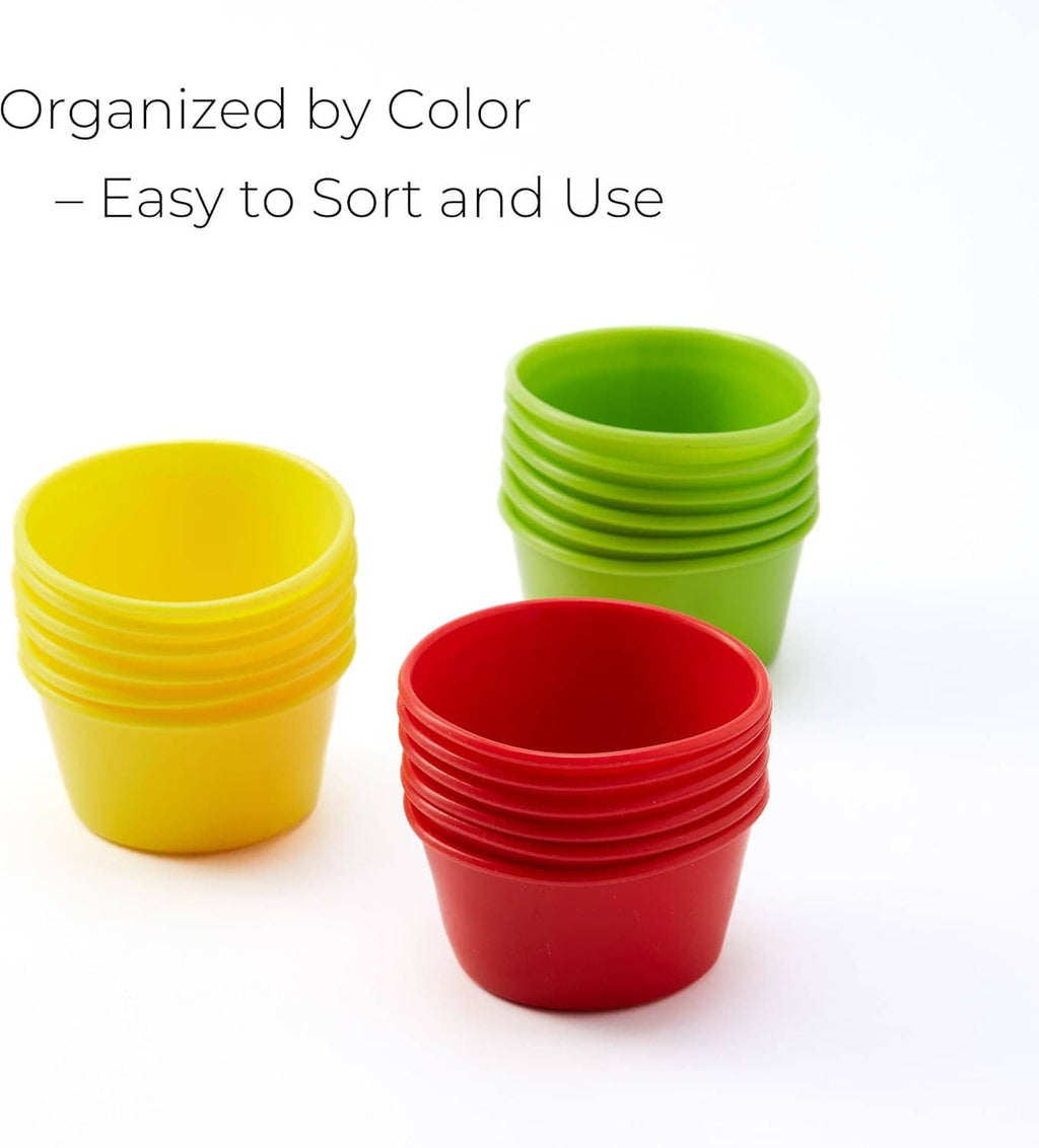 Color-sorted silicone puto mold cups: yellow, red, and green stacks