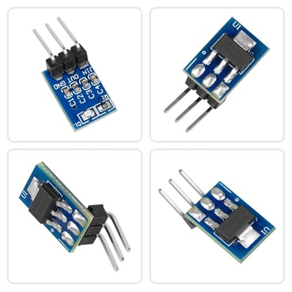AMS1117-3.3 voltage regulator module with blue PCB and three-pin input/output header