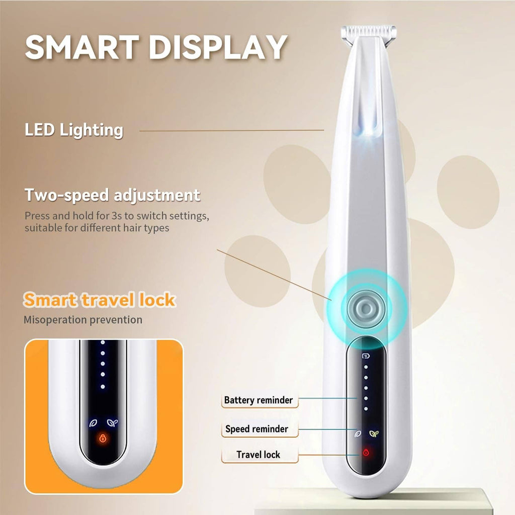White pet trimmer with smart LED display, front view showing speed indicator screen