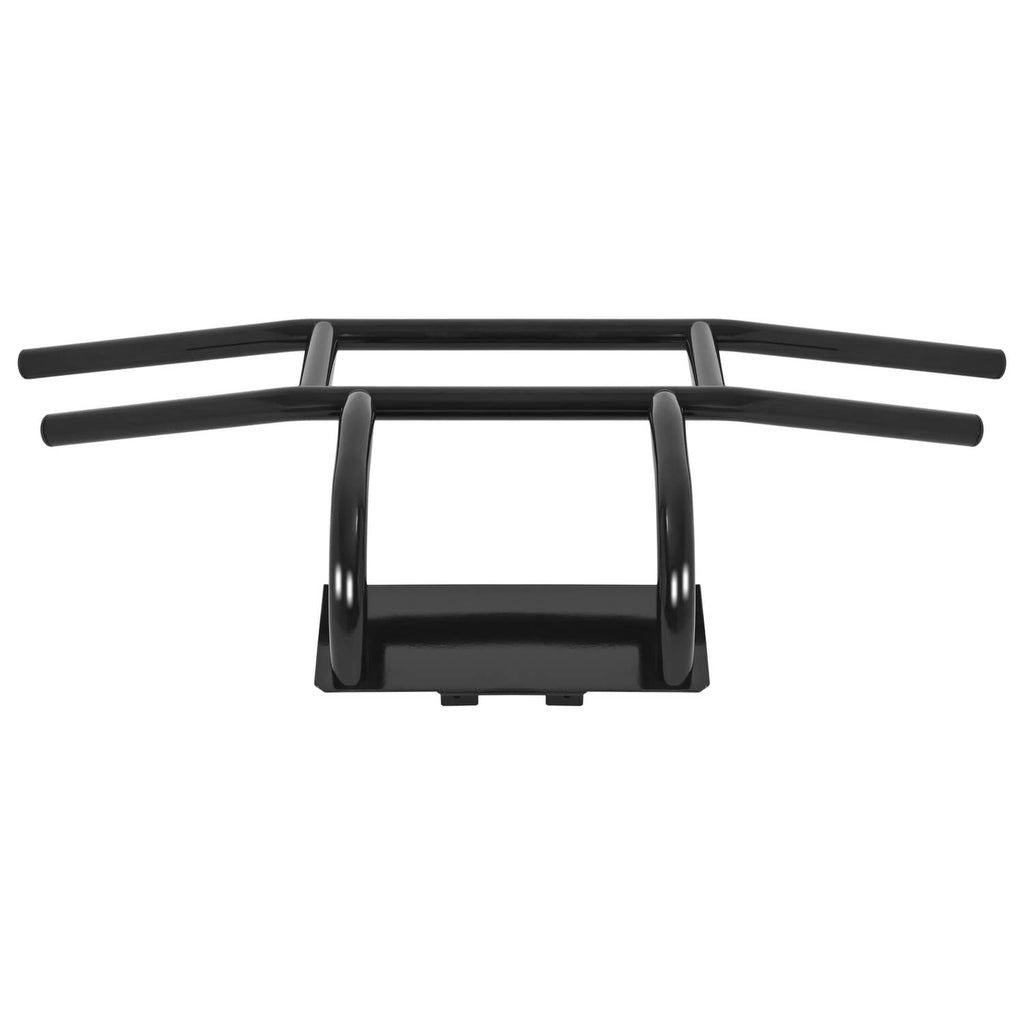 Black bumper brush guard with curved bars, center frame, and mounting bracket