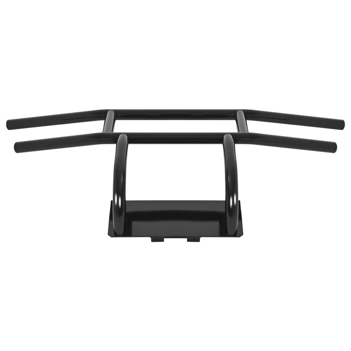 Black bumper brush guard with curved bars, center frame, and mounting bracket