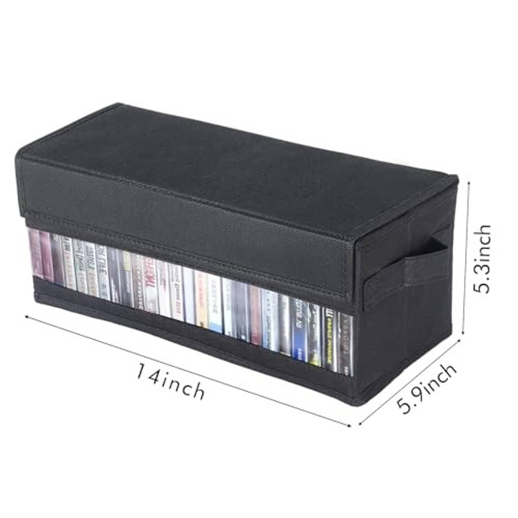 Black rectangular media storage box with clear side window panel, compact tabletop size