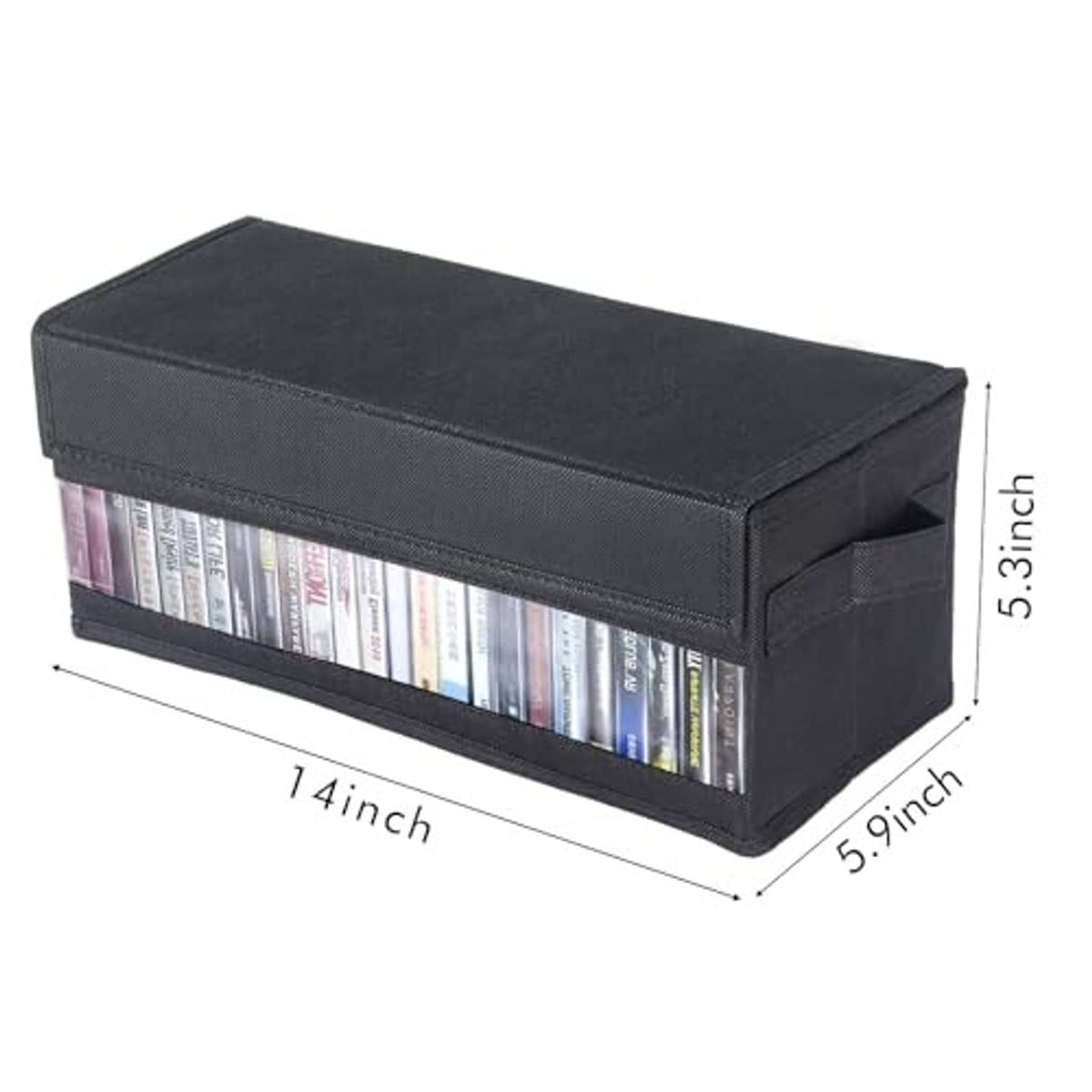 Black rectangular media storage box with clear side window panel, compact tabletop size