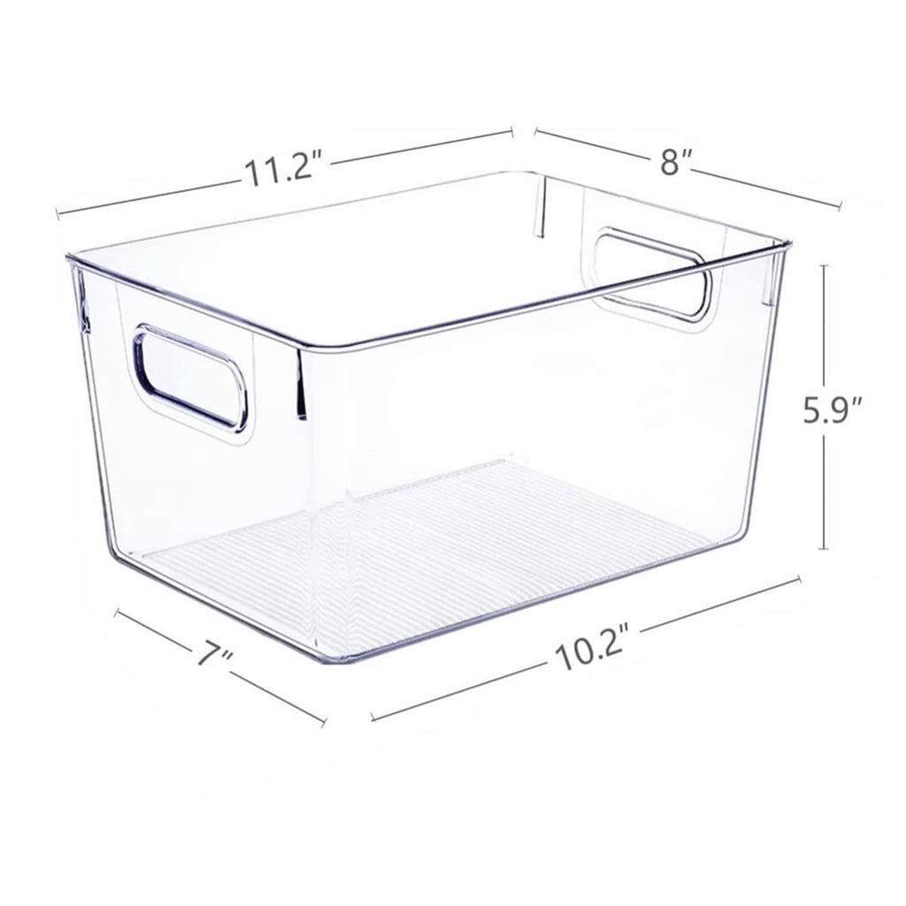 Clear rectangular plastic storage bin with side handles, size dimensions shown