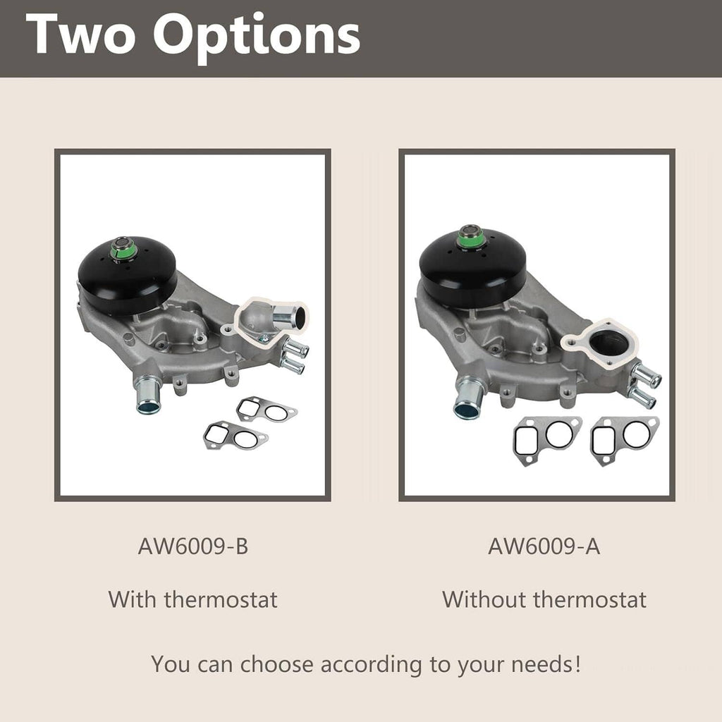 Water pump with thermostat options shown: complete kit with silver pump and black cover