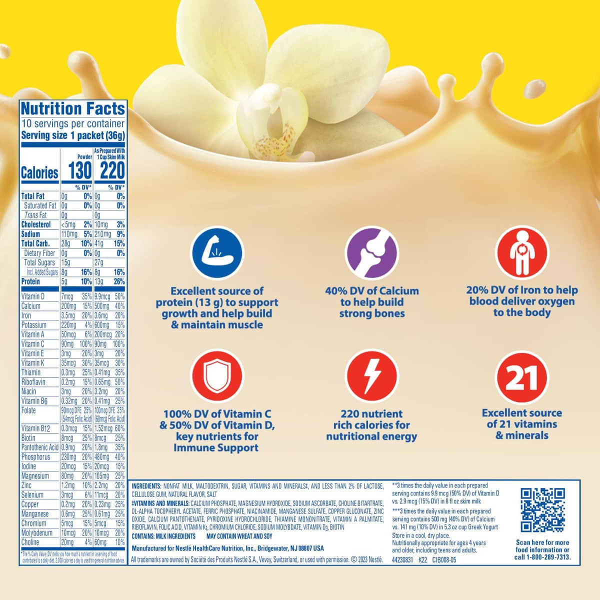 Canation Breakfast Essentials classic French vanilla powder drink mix, back label