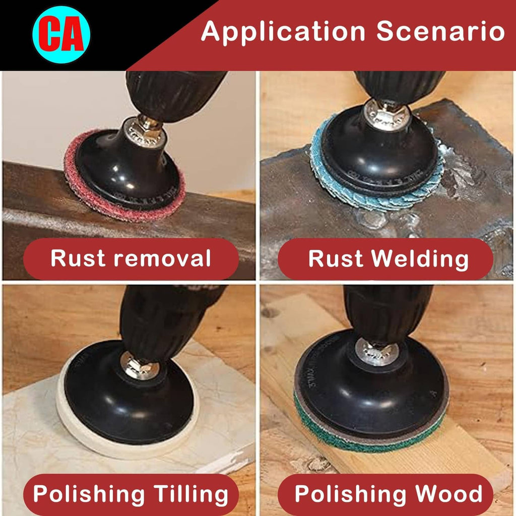 Black sanding disc pad holder on floor surface for polishing, with metal stem