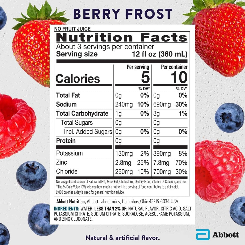 Pedialyte Berry Frost Zero Sugar nutrition facts panel on bottle