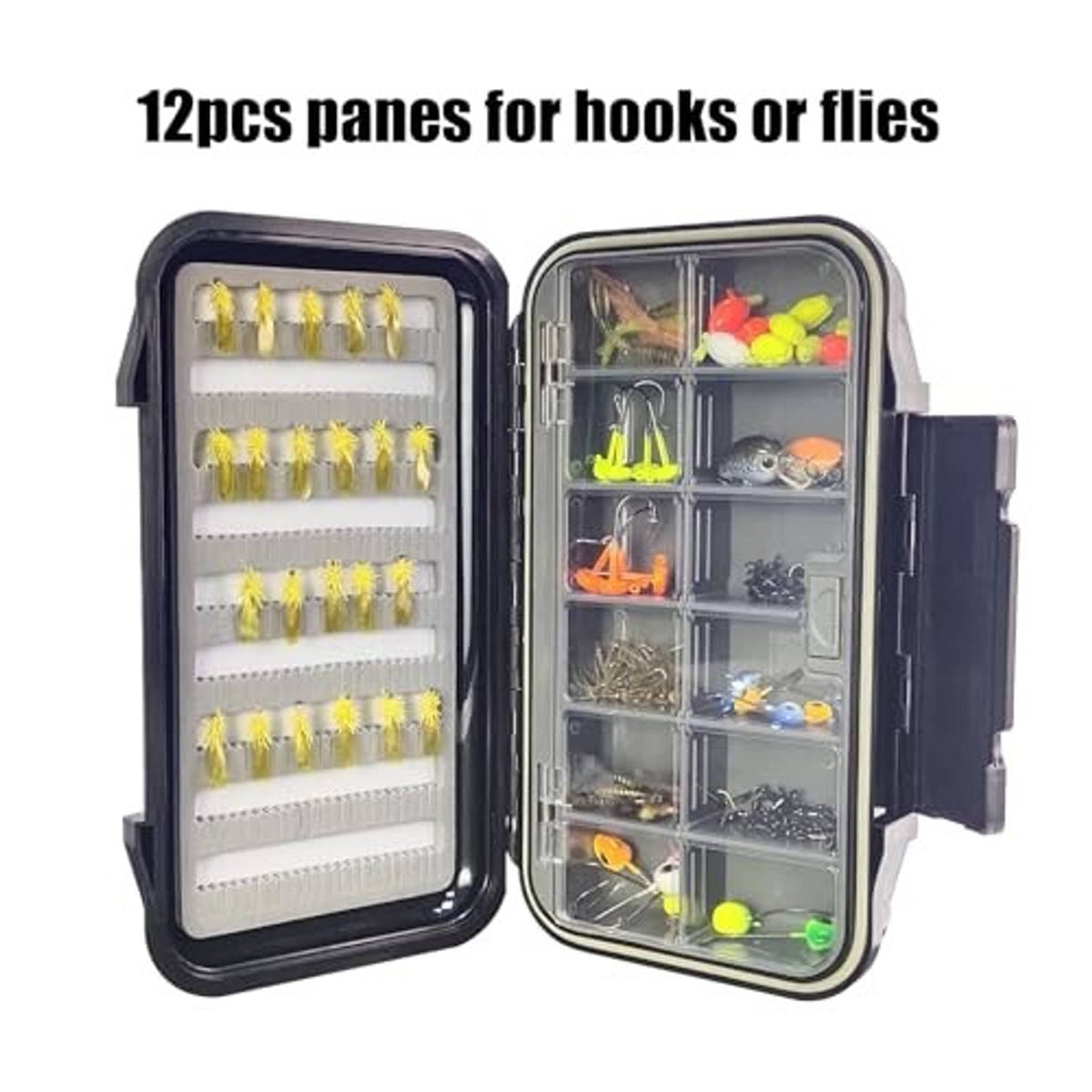 Open 12-compartment fly fishing tackle box with clear grid storage and foam pane
