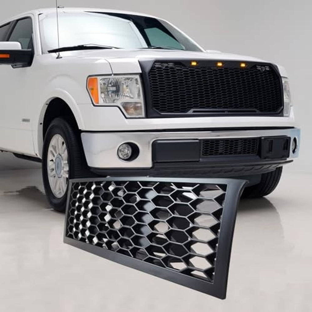 Lower front bumper mesh grille insert, black honeycomb hex pattern with bright silver openings