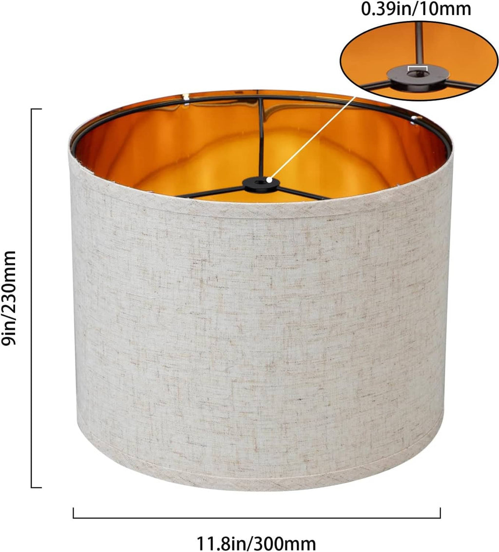 White linen drum lampshade pair, 11.8 in wide and 9 in high, amber-lined interior