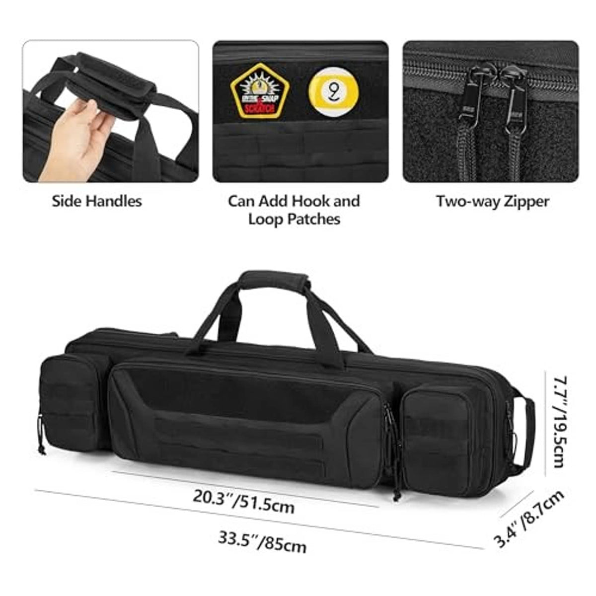 Black cue case backpack with side handles, two-way zipper, and hook loop patches