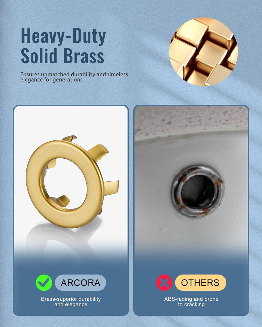 Brushed gold sink overflow ring with four mounting tabs and circular opening