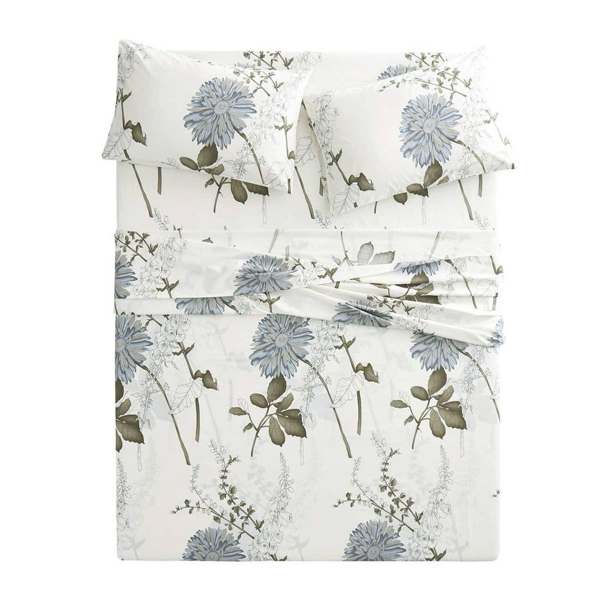 White cotton bed sheet set with blue floral botanical duvet and pillowcases
