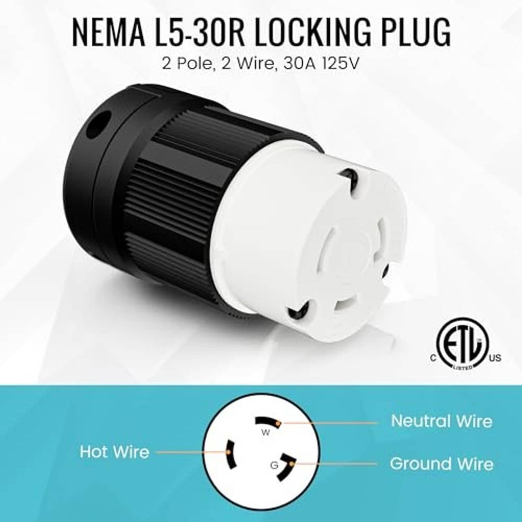 Locking female plug connector for generator, black body with white L5-30R outlet face