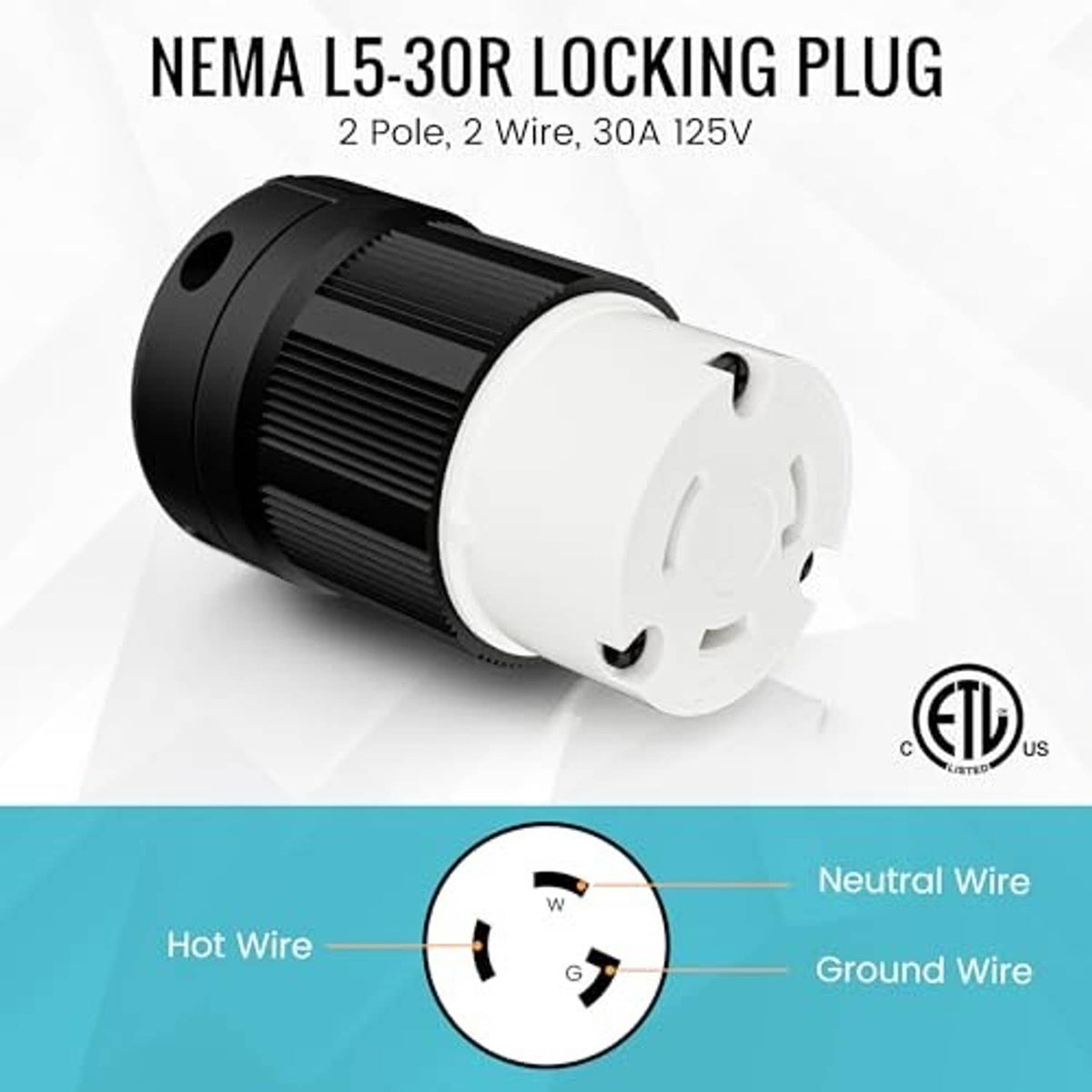 Locking female plug connector for generator, black body with white L5-30R outlet face