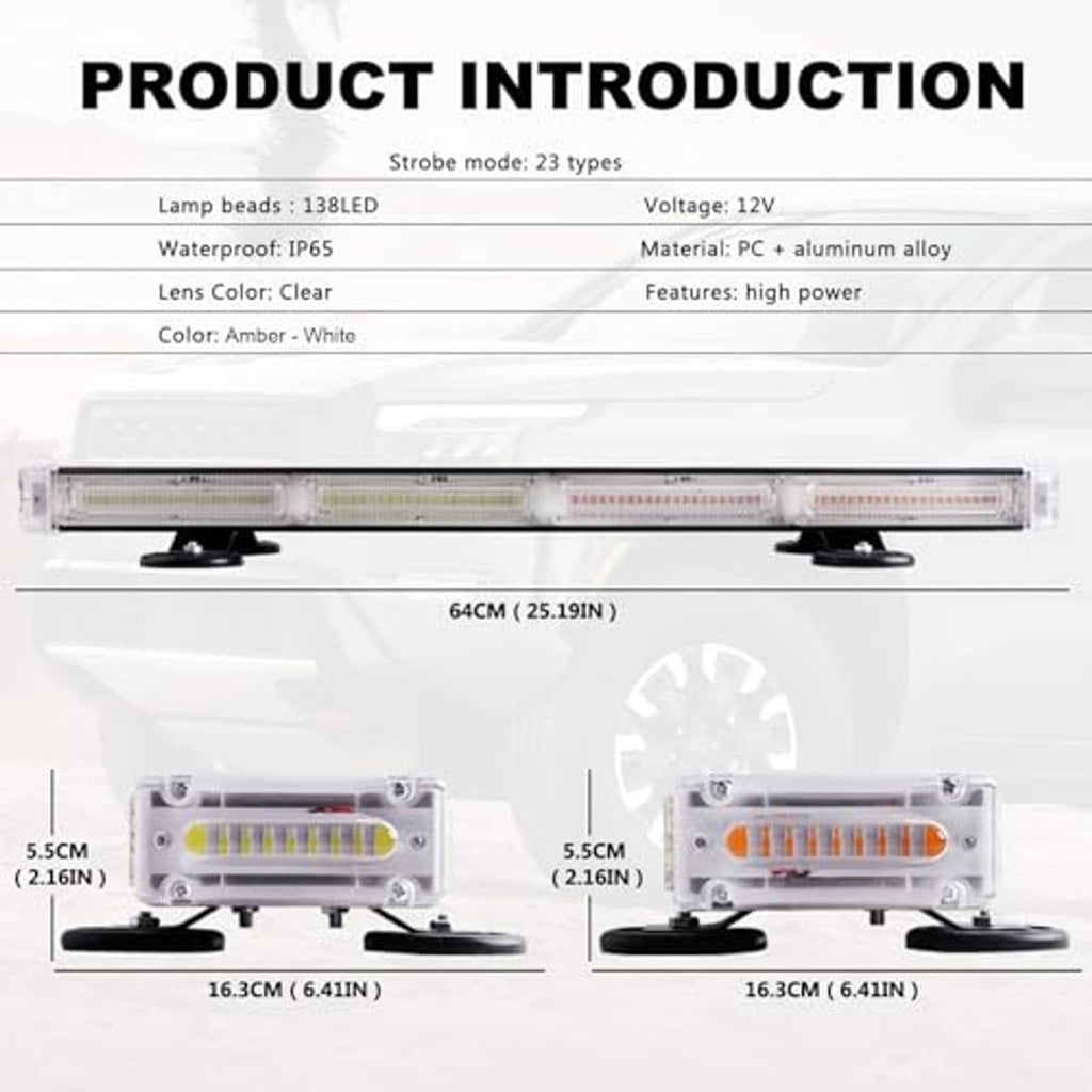 Clear rectangular emergency strobe light bar with amber and white LED strip and mounting bases