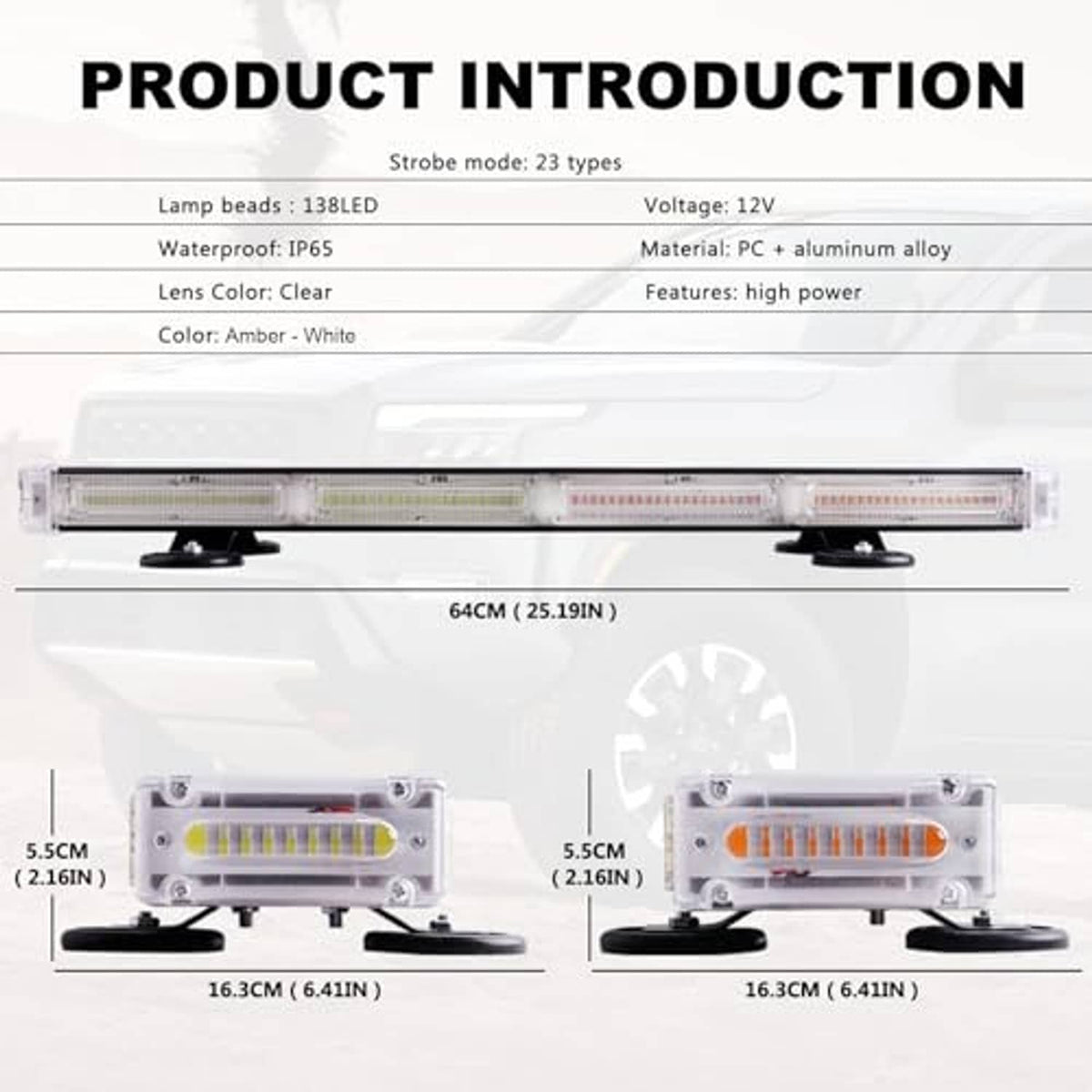 Clear rectangular emergency strobe light bar with amber and white LED strip and mounting bases