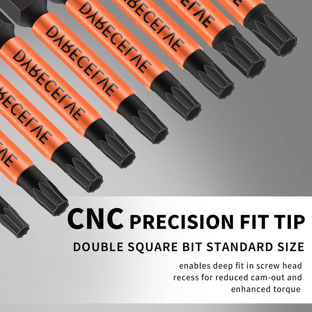 Row of orange-and-black bits with double-square ends for deep screw head fit