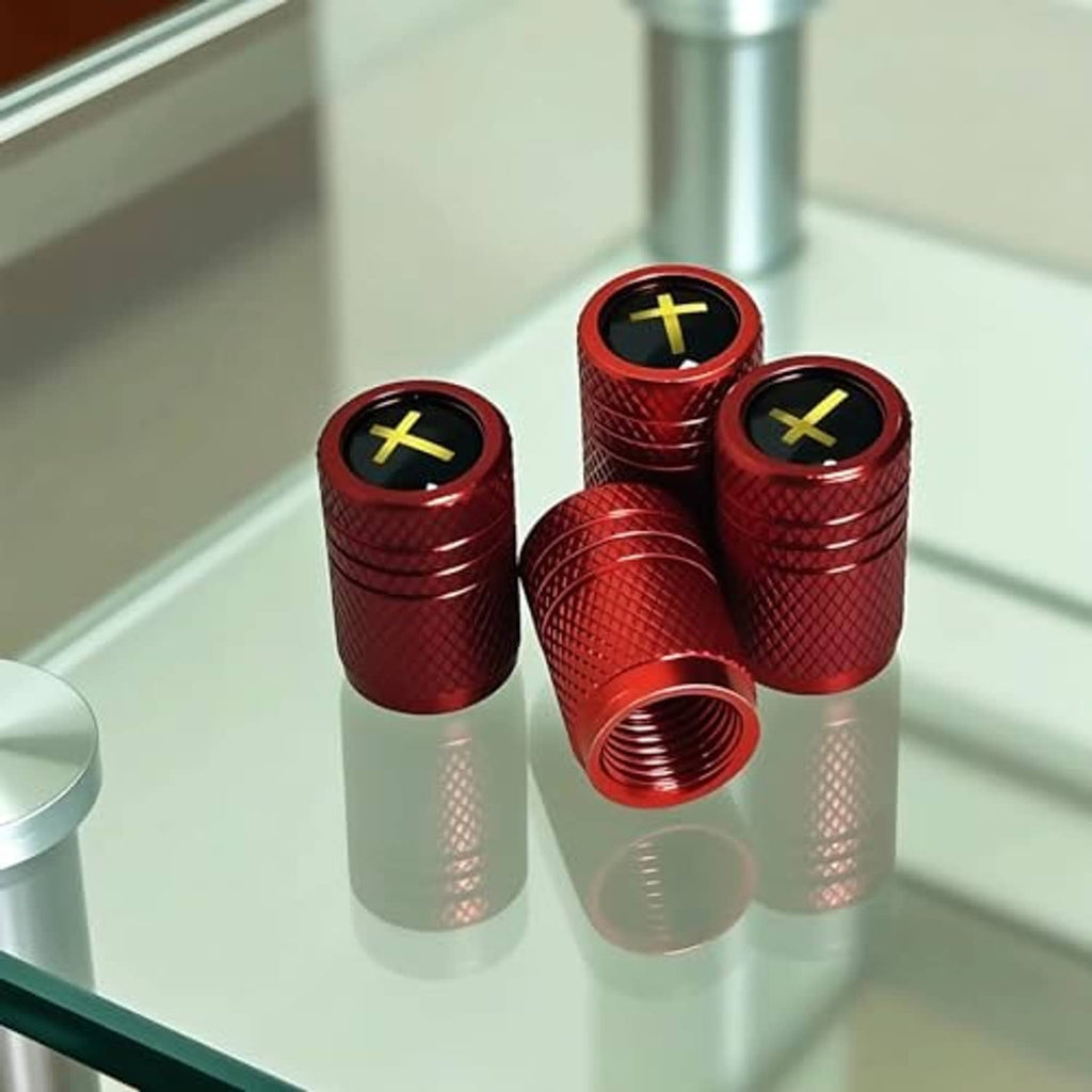 Car tire valve stem caps, red textured set of four with gold cross symbols