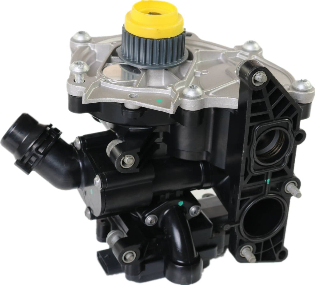 Water pump thermostat housing assembly with yellow cap and multiple black coolant ports