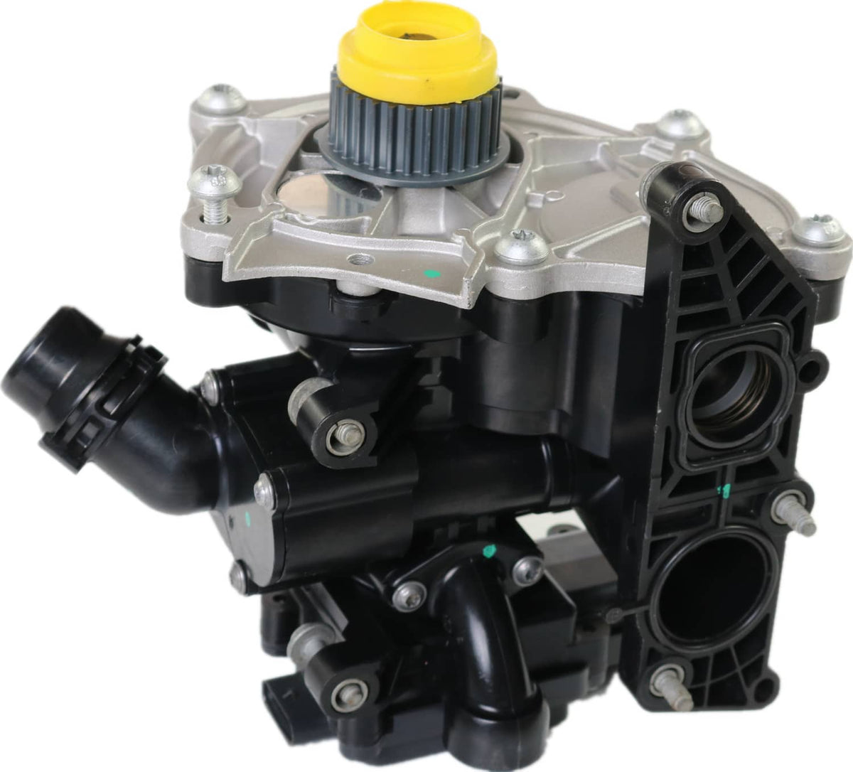 Water pump thermostat housing assembly with yellow cap and multiple black coolant ports