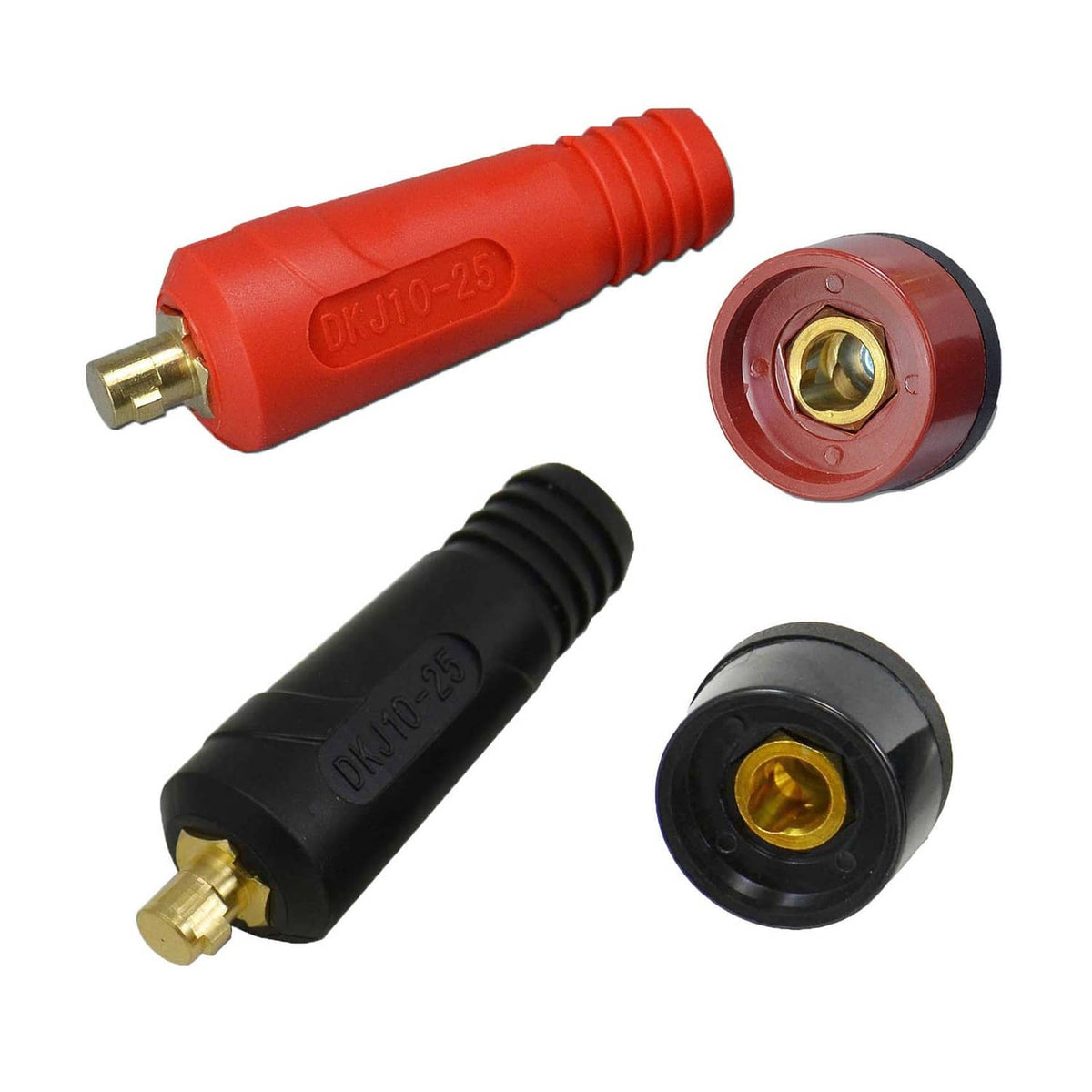 Welding cable panel connector plug set: red and black housings with brass contacts