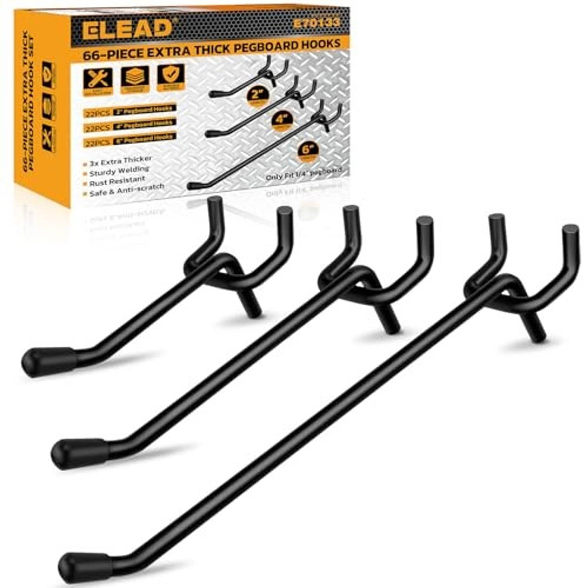 Black extra-thick pegboard hook set with several curved hooks and rubber end caps