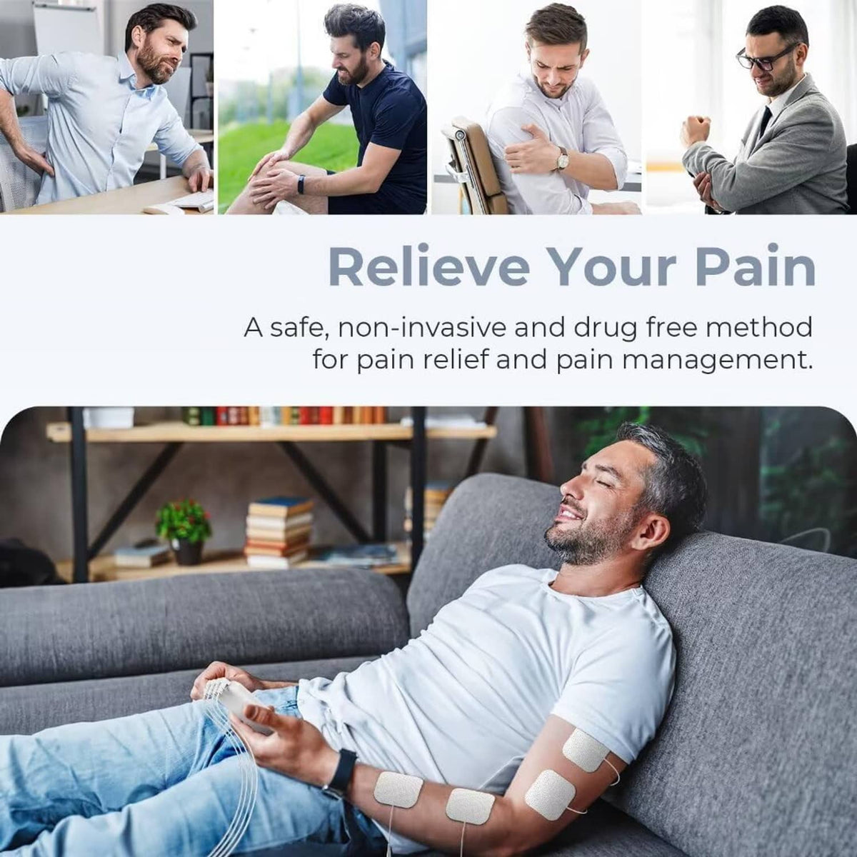 TENS electrode pads on arm and leg connected to a muscle stimulator by wires
