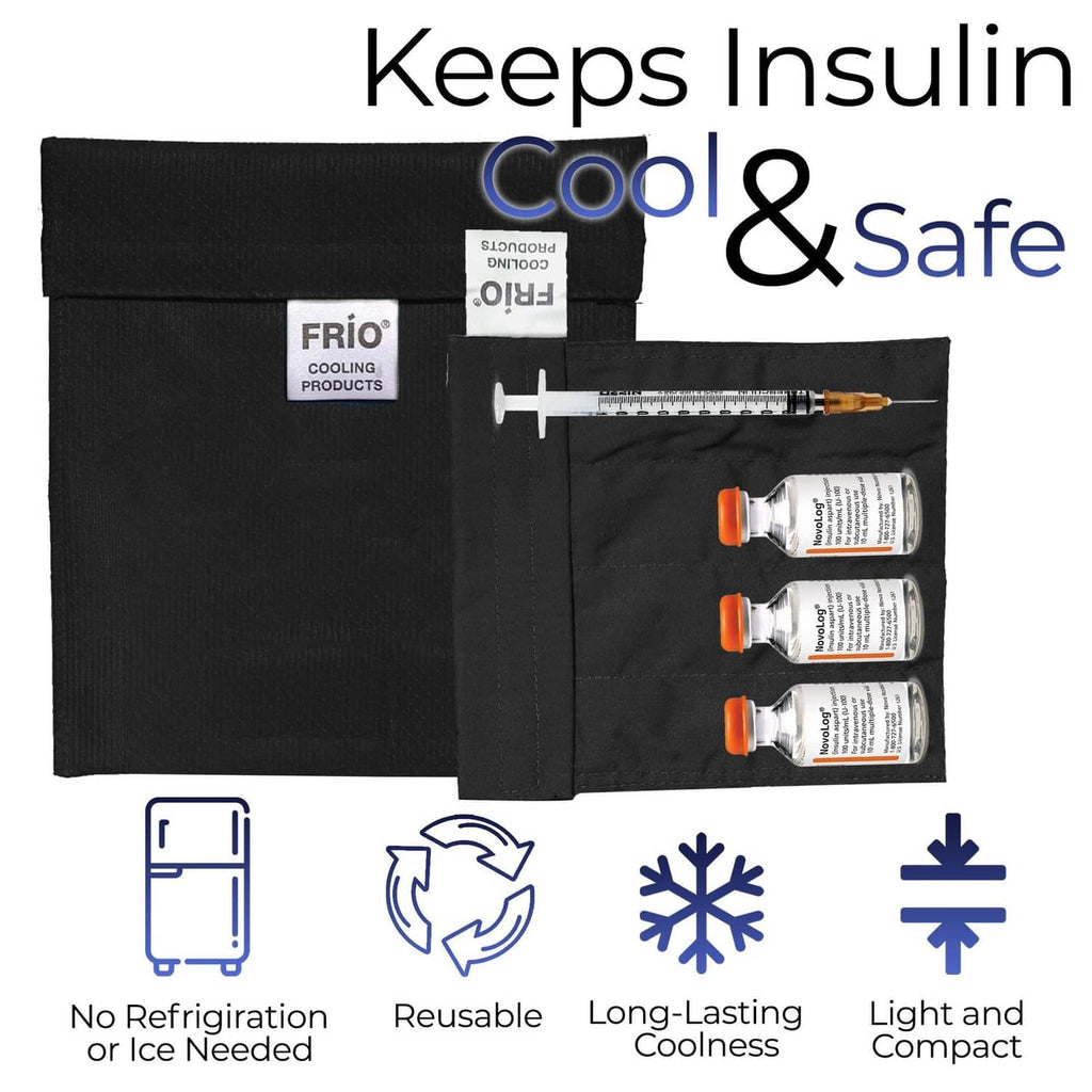 Black cooling wallet with insert pockets, syringe, and three medicine vials