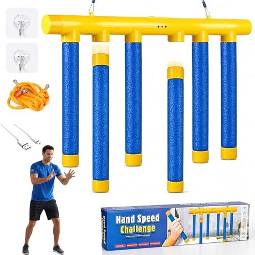 Yellow drop sticks set with multiple blue foam posts, hanging rope, and yellow base unit