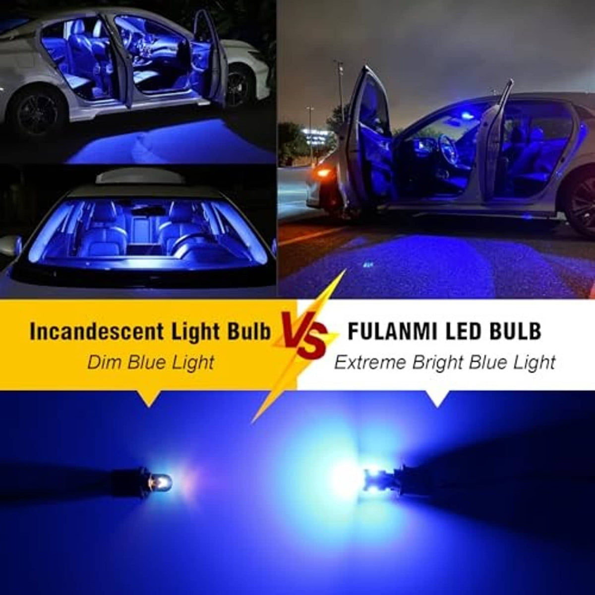 Blue LED bulbs in a vehicle door area, emitting bright blue light