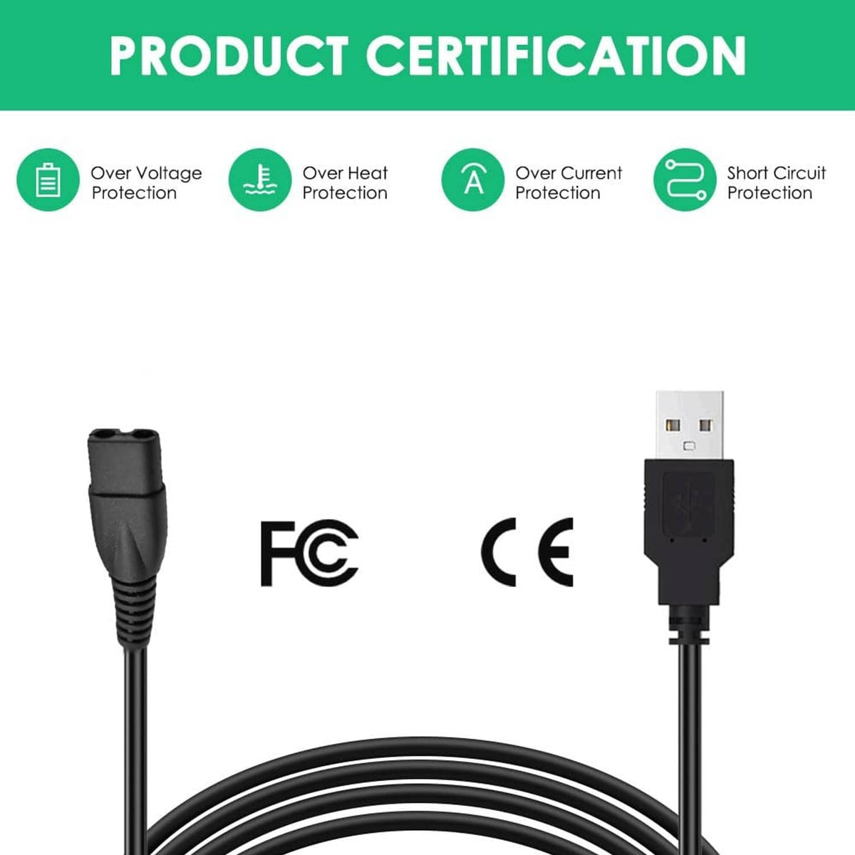 Black USB charging cable with USB-A connector and output plug