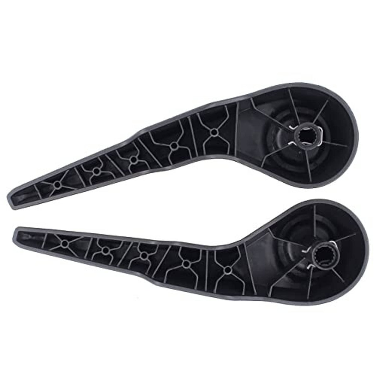 Seat adjustment lever handle pair, dark gray underside with molded ribs and pivot holes