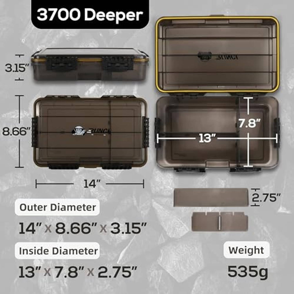 3700 deeper fishing tackle box with size measurements and weight diagram
