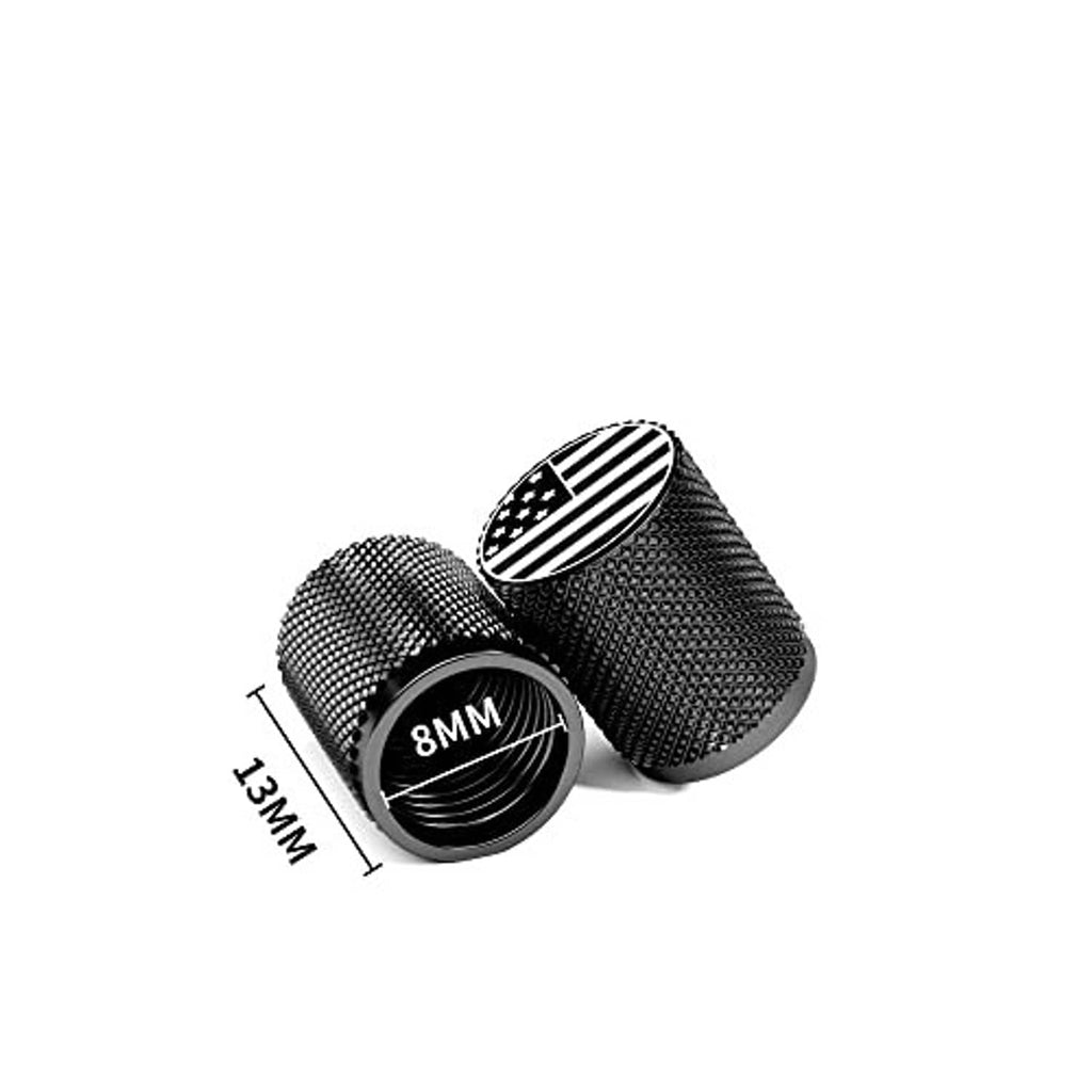 Dark textured tire valve caps with USA flag top details; cap height shown