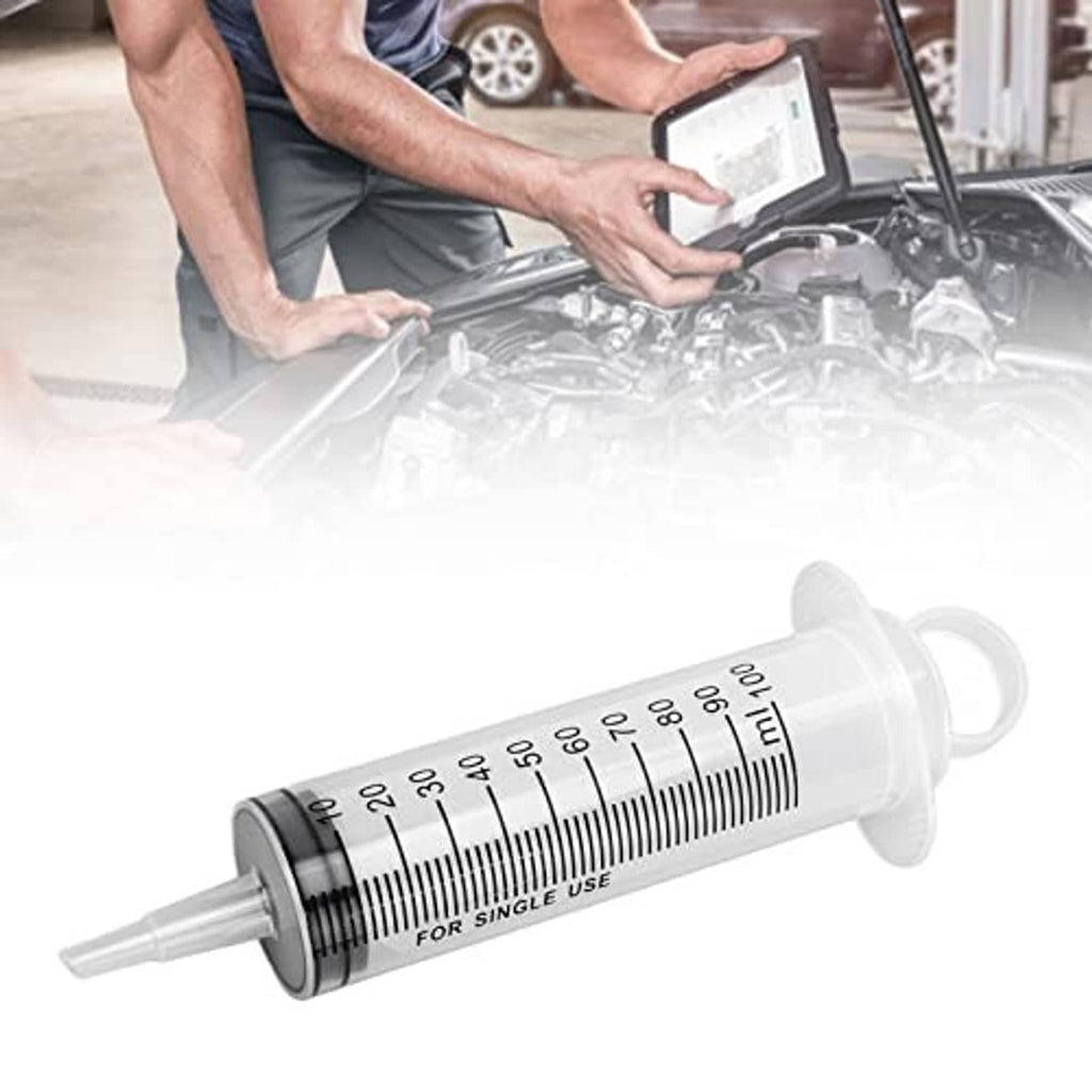 Hydraulic bleeder syringe with measurement scale and clear nozzle tip