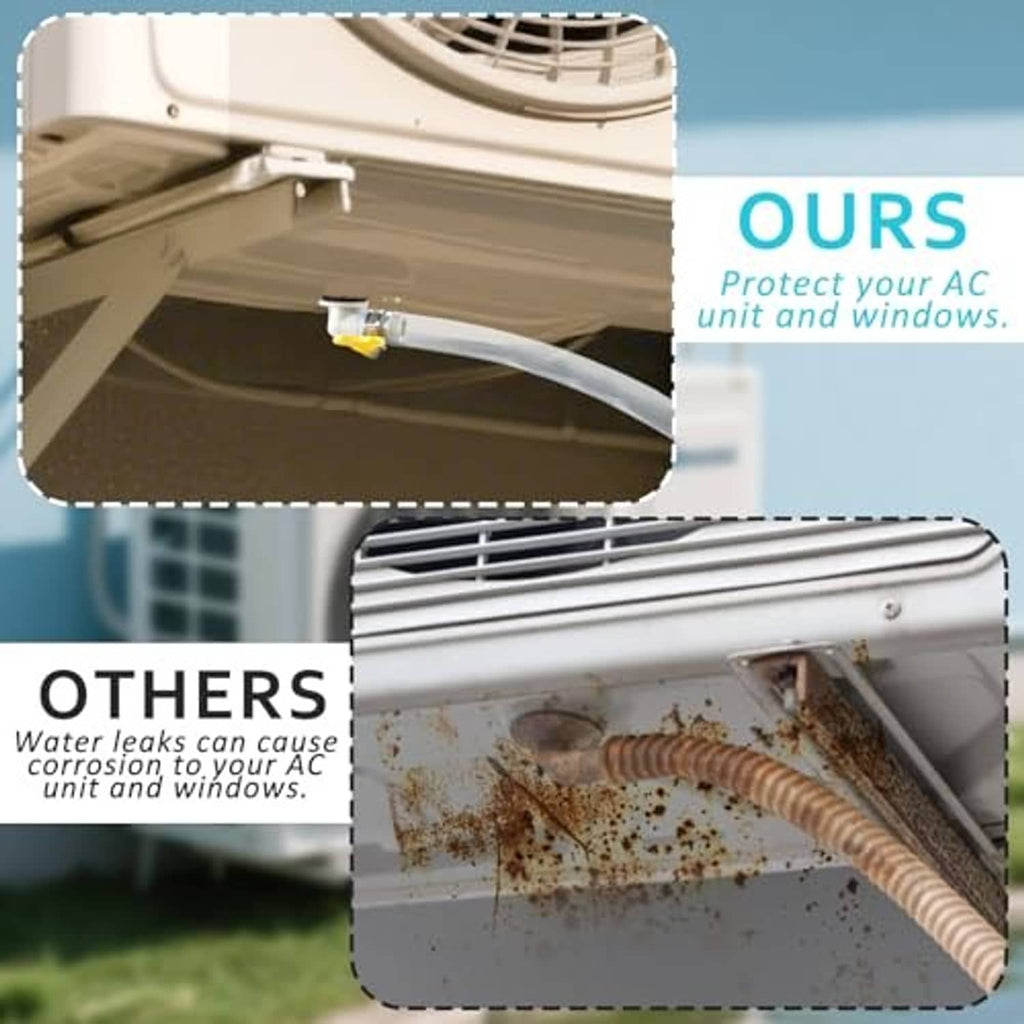 Air conditioner drain hose outlet connector with white tubing and yellow clamp