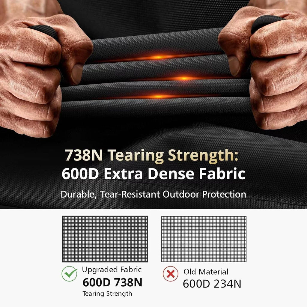Black fire pit cover fabric pulled apart to show heavy-duty tear resistance