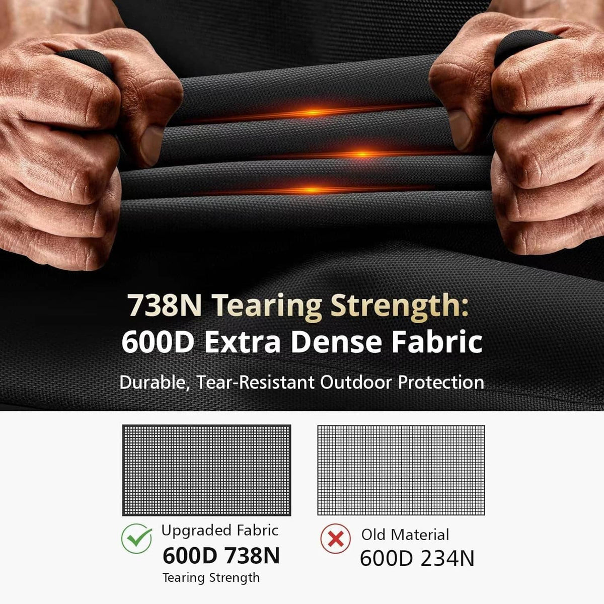 Black fire pit cover fabric pulled apart to show heavy-duty tear resistance