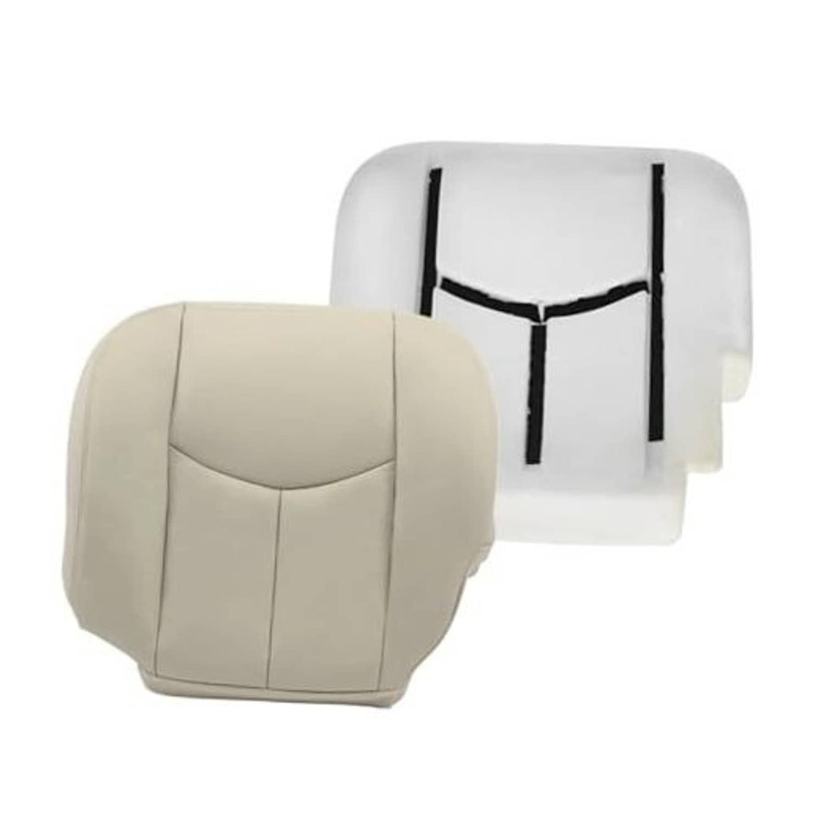 Light tan driver seat bottom replacement cushion cover with curved panel and vertical seams