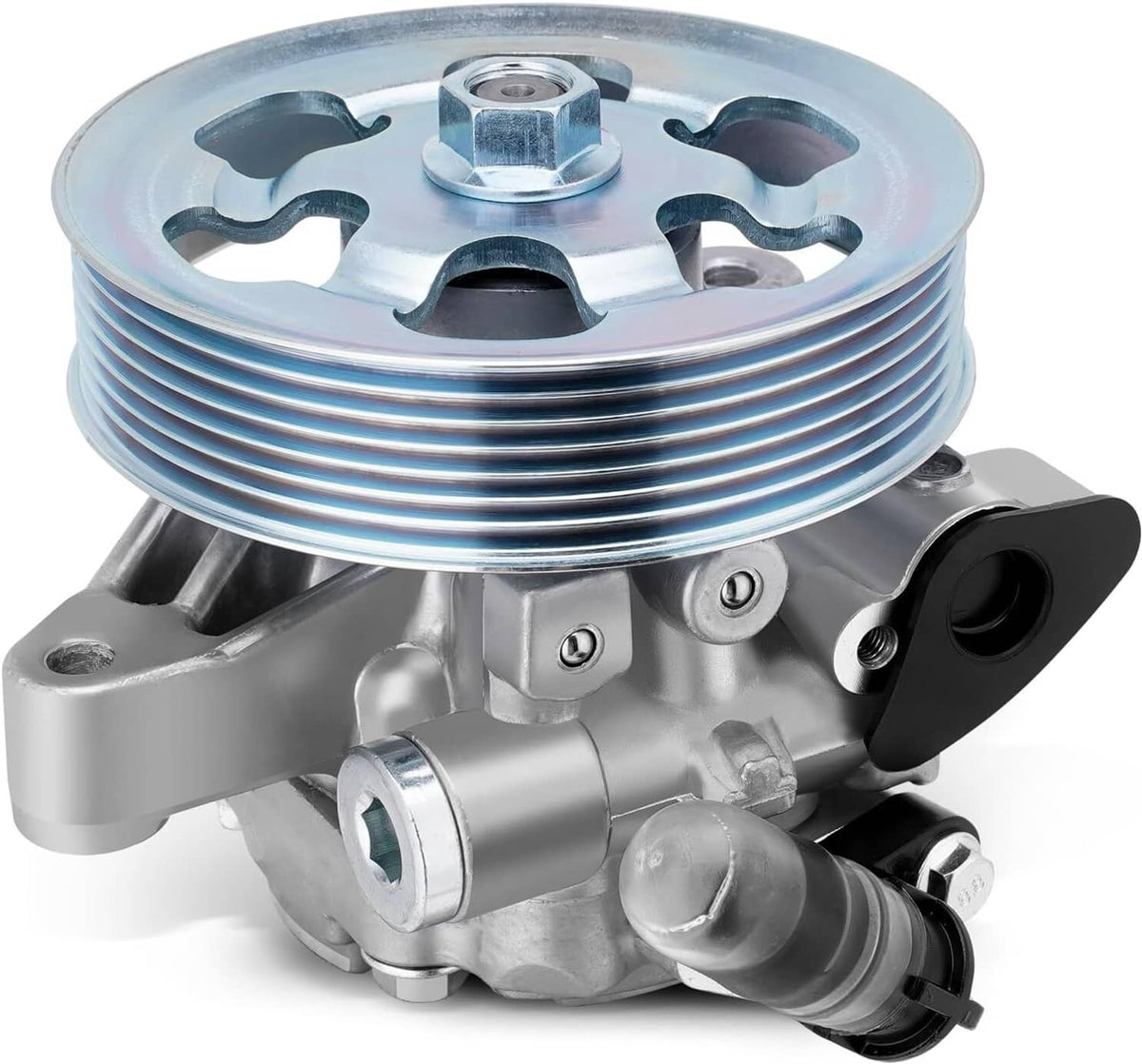 Power steering pump with pulley, silver aluminum housing and black pressure port fitting