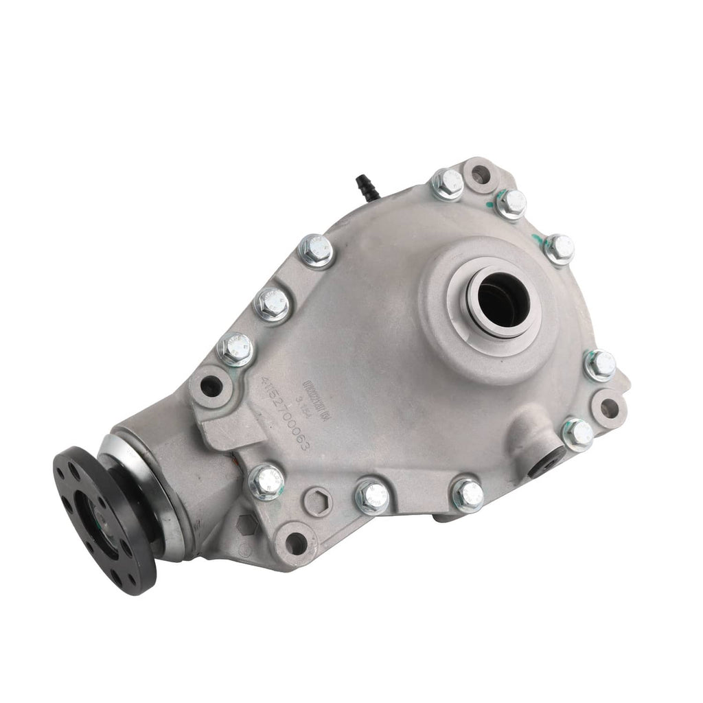 Front differential carrier assembly, compact view with round output flanges and bolt plate