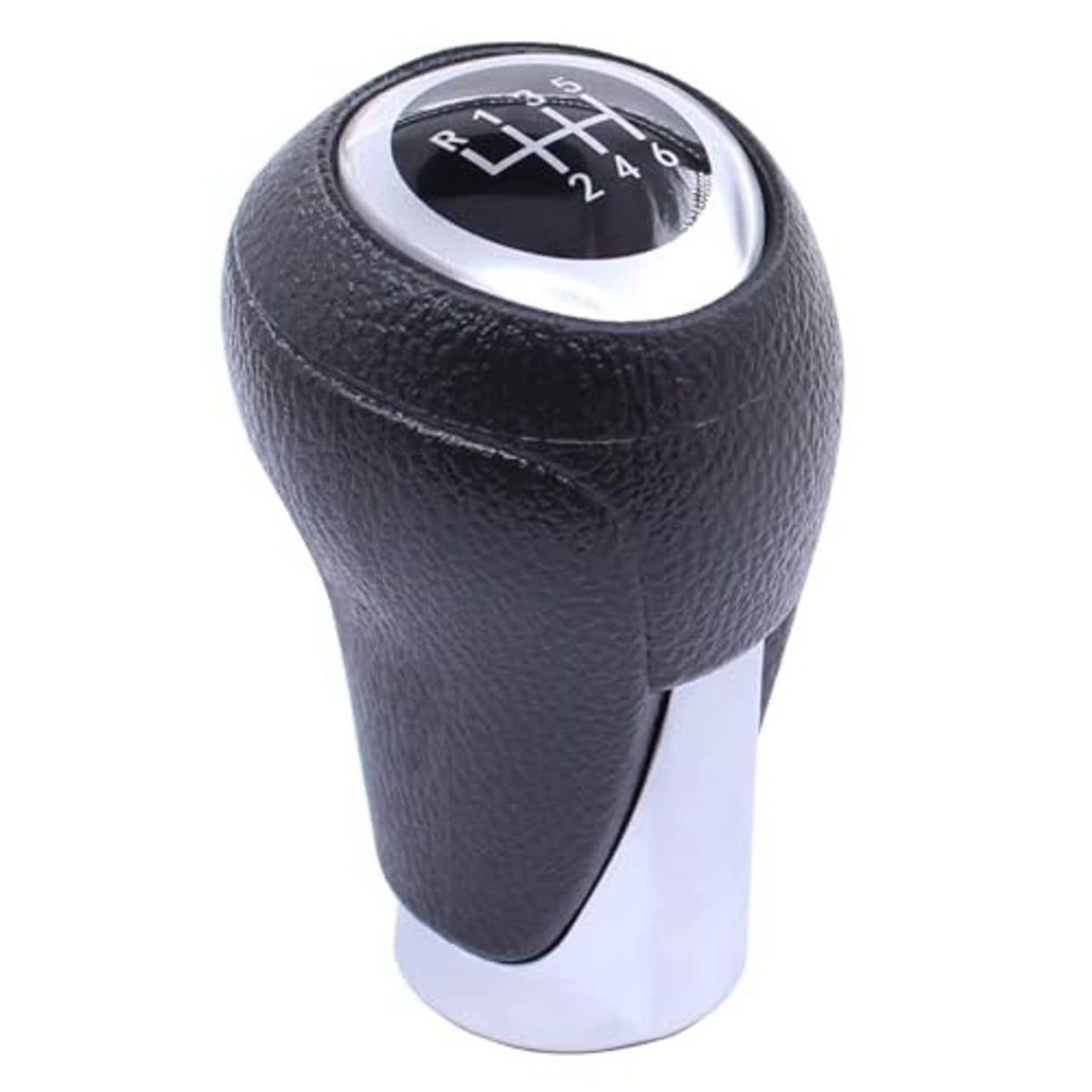 Black leather gear shifter knob with chrome surround and numbered gear pattern